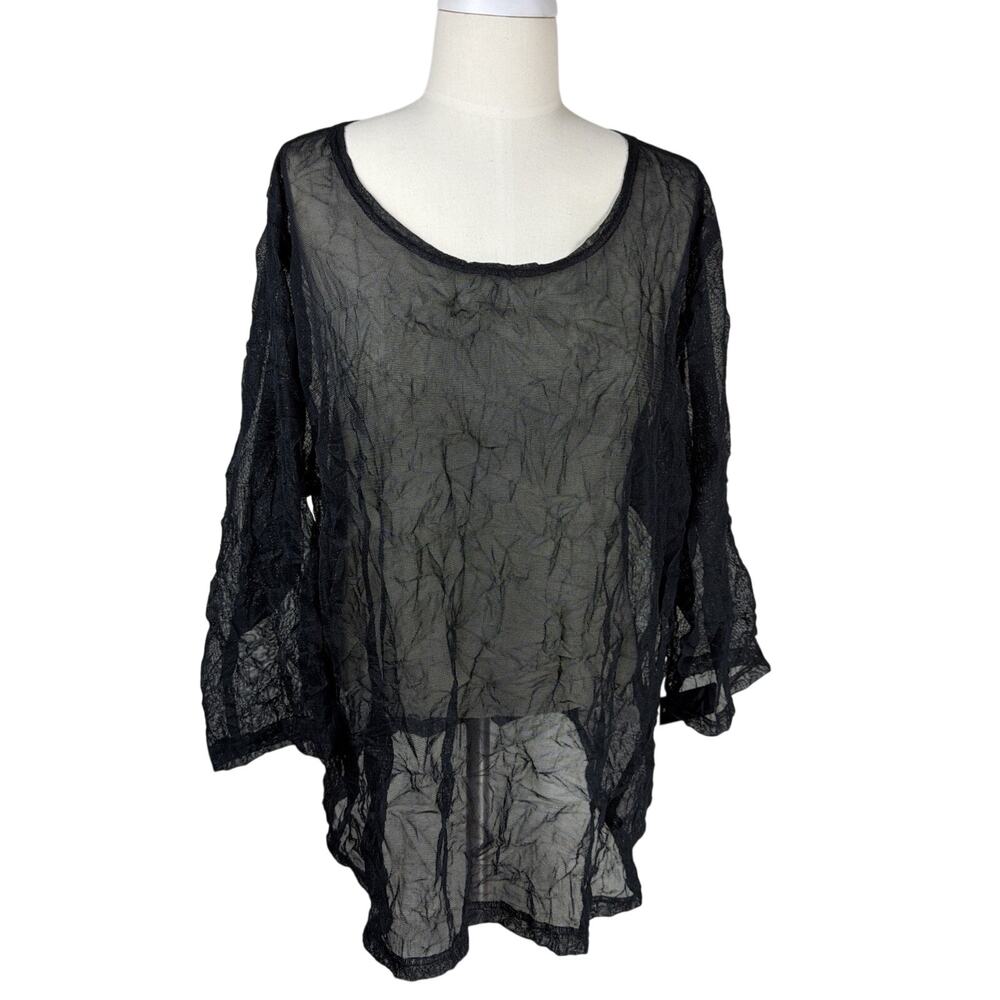 NWT Sydney Black Sheer Crinkled Mesh Three Quarter Sleeve Top Size S USA